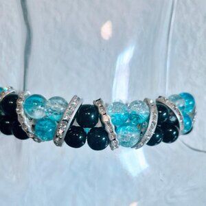 New Handmade Crackle Blue & Black Pearl Glass Beads Rhinestone Stretch Bracelet